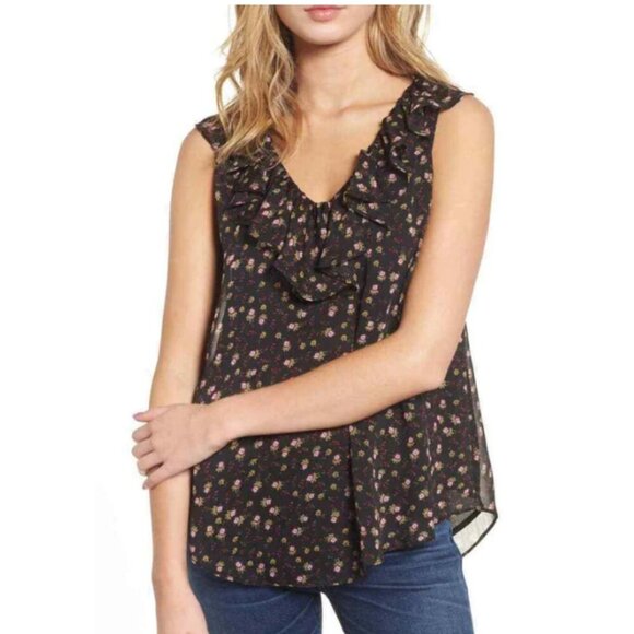 Rebecca Minkoff Floral Blouse Womens Small Black Sleeveless VNeck Ruffle Relaxed - Picture 1 of 9